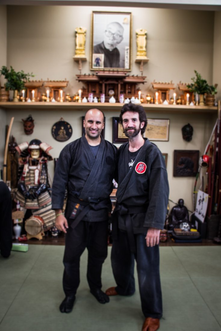 Lisandro Serra Delmar with his teacher Dai Shihan Juan Manuel Gutiérrez at the Bujinkan Honbu Dojo in Japan, 2015